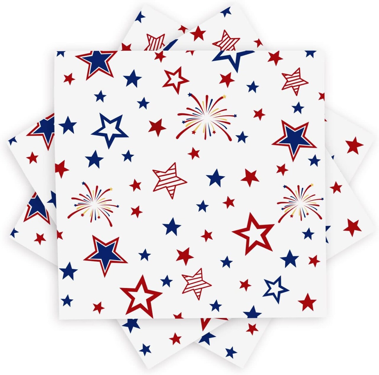 50 Pack Patriotic Party Supplies Stars Firework Paper Napkins 4th of July 6.5'' X 6.5'' Red, White,Blue.​